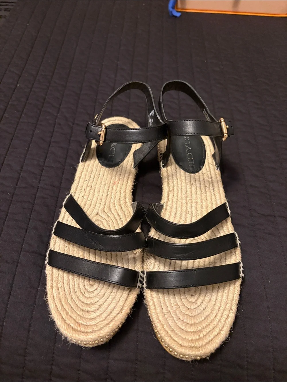 Coach Black Leather Strappy Espadrille Sandals